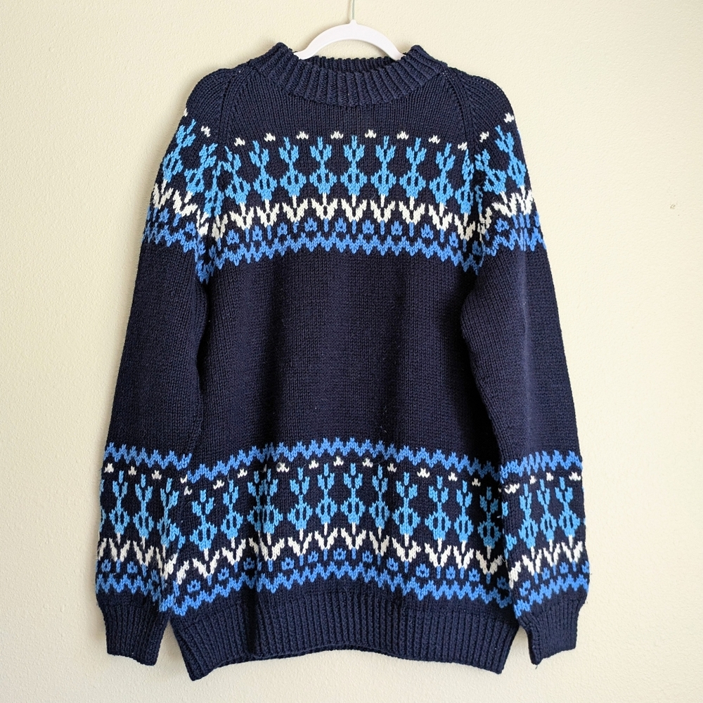 Vintage Handmade Sweater Dark Blue Pattern High Neck Men's Women's Size XL